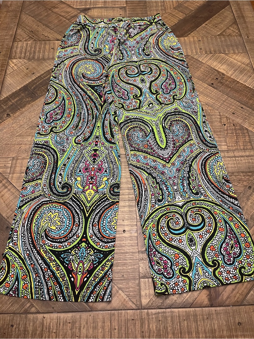 Cha Cha Vente Neon Paisley Palazzo Pants Wide Leg Boho Festival Size Large